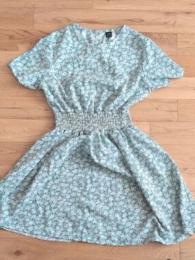 SHEIN Mint Green Floral Smocked Waist Mini Dress